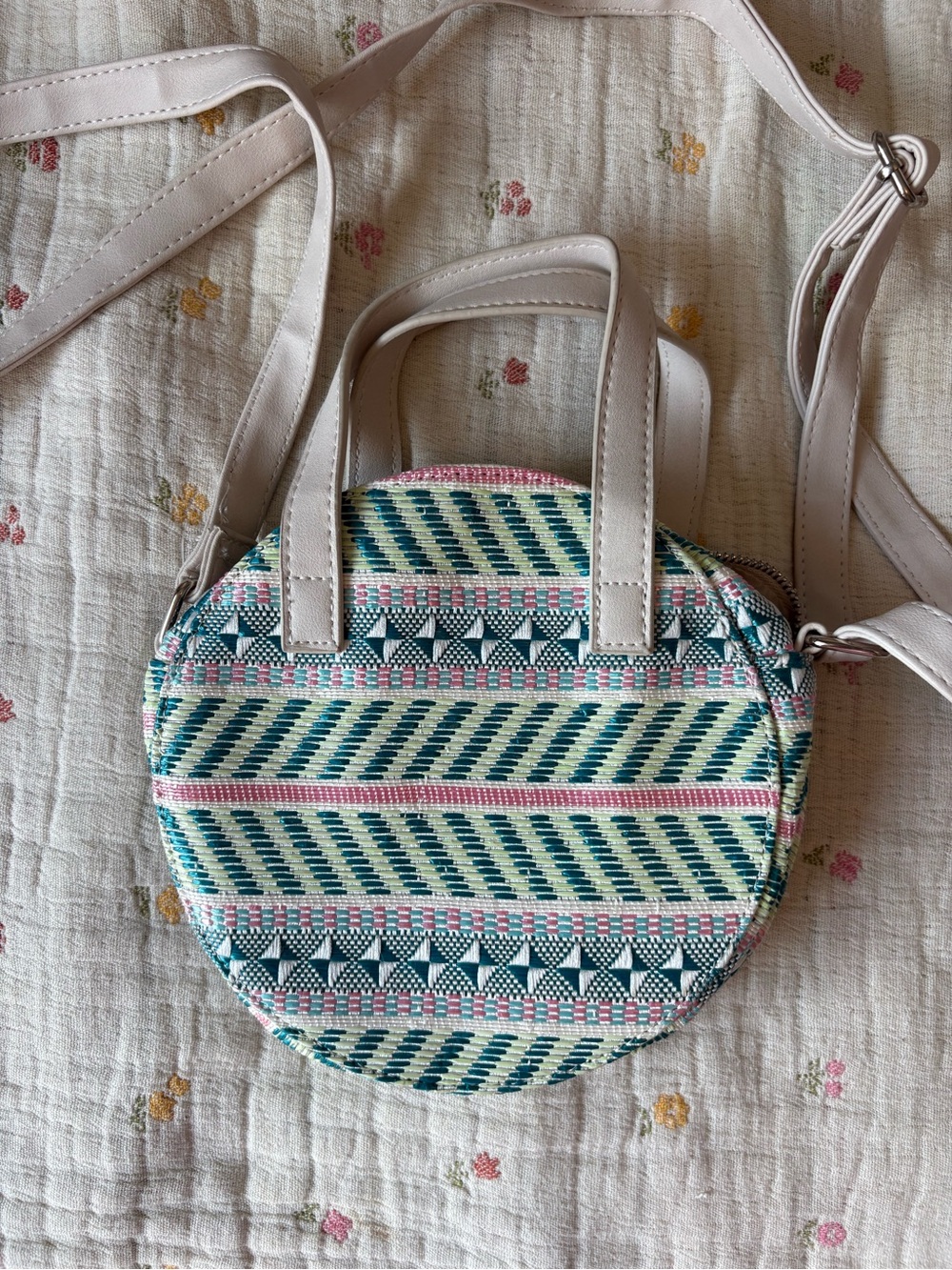 Unique Round Woven Colorful Crossbody Bag in Teal, Cream & Pink - Picture 5 of 10